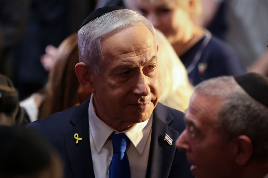 Israeli Prime Minister Benjamin Netanyahu attends a state memorial ceremony for fallen Israeli soldiers, at Mount Herzl military cemetery in Jerusalem, April 30, 2025. Photo by Marc Israel Selem/POOL