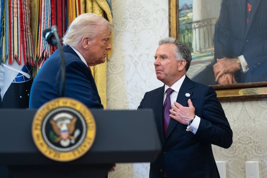 United States President Donald J Trump congratulates US Special Envoy to the Middle East Steven Witkoff after Witkoff s swearing-in ceremony in the Oval Office at the White House May 6, 2025. (Photo: Francis Chung/POLITICO/IMAGO/MediaPunch via Reuters)