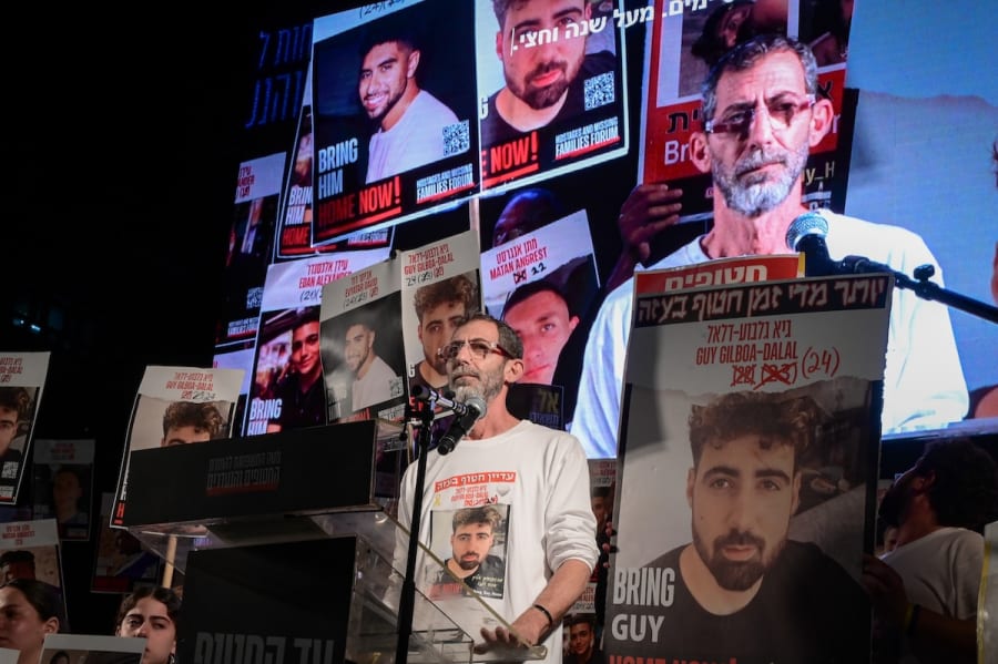 Ilan Dalal, father of hostage Guy Gilboa-Dalal speaks during a rally calling for the release of Israelis held hostage by Hamas terrorists in Gaza, at "Hostage Square" in Tel Aviv, May 10, 2025. (Photo: Avshalom Sassoni/Flash90)