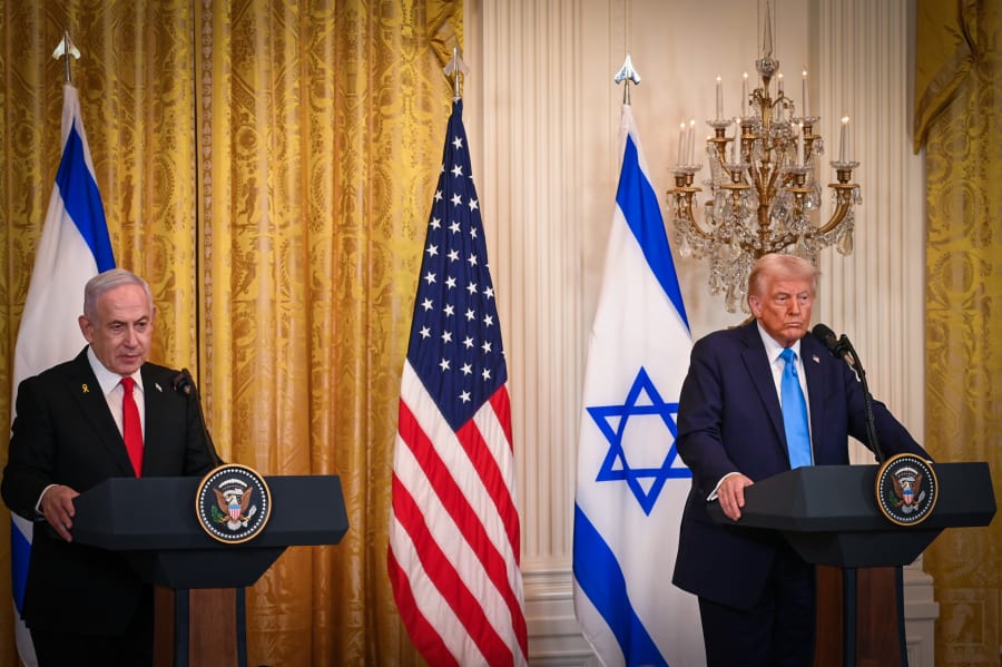 US President Donald Trump and Israeli PM Benjamin Netanyahu holding a joint press conference at the White House in Washington D.C., Feb. 4, 2025. Photo by Liri Agami/Flash90