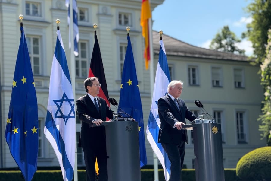 Israeli President Isaac Herzog at an official state ceremony at the Bellevue Presidential Palace in Berlin, Germany, May 12, 2025. (Photo: Amos Ben-Gershom/GPO)