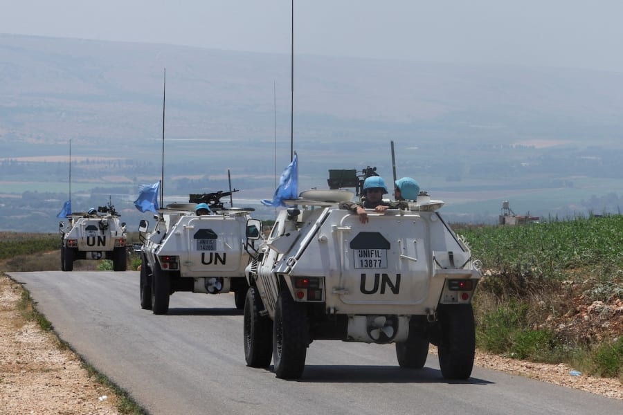 FILE PHOTO: UN peacekeepers (UNIFIL) vehicles drive in the Lebanese village of Wazzani near the border with Israel, southern Lebanon, July 6, 2023. (Photo: REUTERS/Aziz Taher/File Photo)