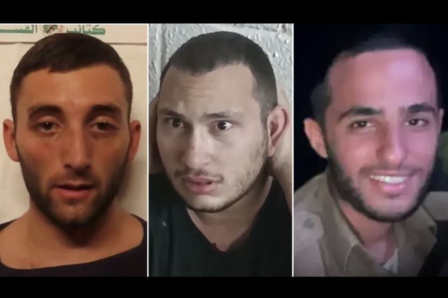 IDF soldiers Matan Angrest, Tamir Nimrodi and Nimrod Cohen held hostage by Hamas in Gaza (Photo: Screenshot, courtesy of the family)