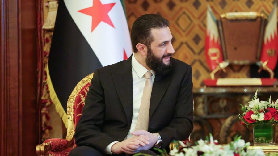 Syrian President, Ahmad Al-Sharaa, meets with the King of Bahrain, Hamad bin Isa bin Salman Al Khalifa, at Sakhir Palace in Bahrain, on May 10, 2025. Photo: Reuters, by Syrian Arab News Agency SANA apaimages Sakhir Bahrain 100525_Bahrain_SPO_003 Copyright: xapaimagesxSyrianxArabxNewsxAgencyx SANA xxapaimagesxNo Use Switzerland. No Use Germany. No Use Japan. No Use Austria