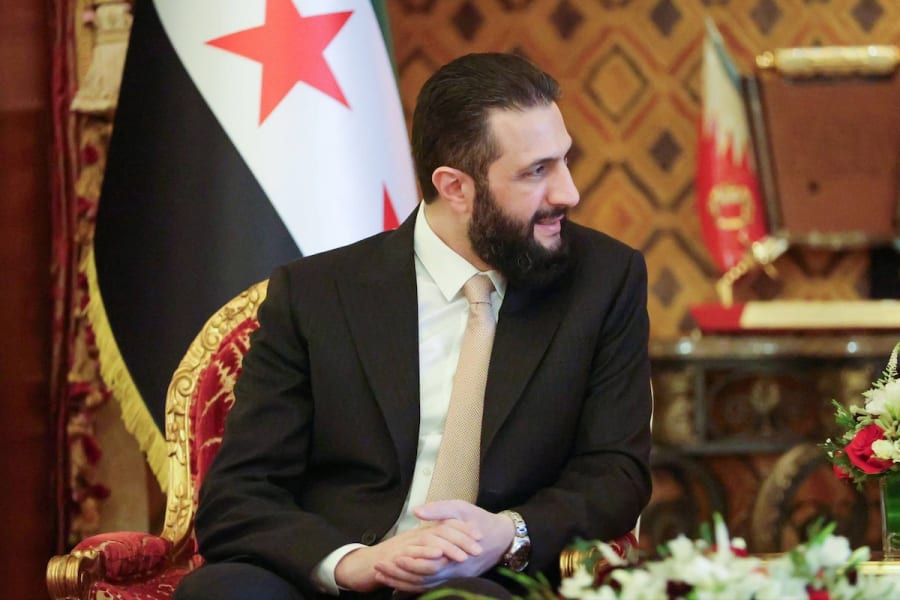 Syrian President Ahmad Al-Sharaa, meets with the King of Bahrain, Hamad bin Isa bin Salman Al Khalifa, at Sakhir Palace in Bahrain, May 10, 2025. (Photo: IMAGO/APAimages via Reuters)