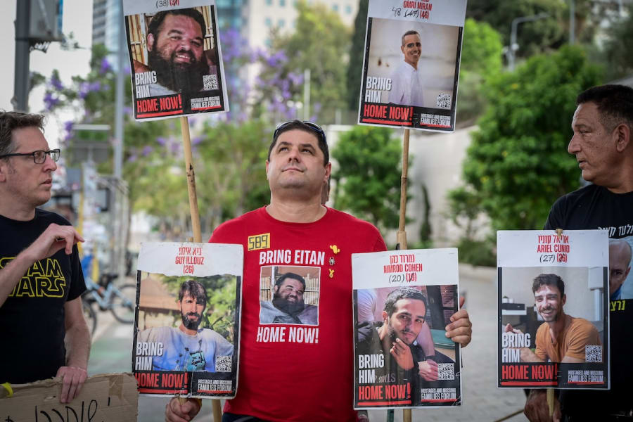 Families of Israelis held hostage in Gaza hold a press conference in Tel Aviv, May 17, 2025. (Photo: Avshalom Sassoni/Flash90)