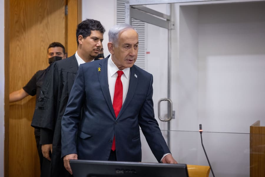 Israeli Prime Minister Benjamin Netanyahu arrives to the courtroom at the Distrcit court in Tel Aviv, before the start of his testimony in the trial against him, May 12, 2025. (Photo: Miriam Alster/Flash90)