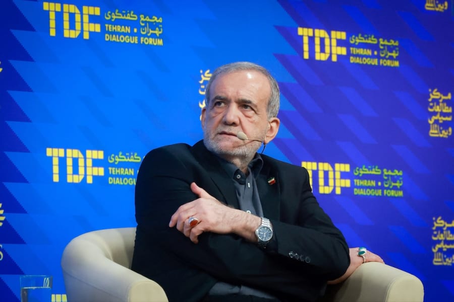 Iranian President Masoud Pezeshkian attends the Tehran Dialogue Forum in Tehran, Iran, May 18, 2025. (Photo: Iran's Presidential website/WANA/Handout via REUTERS)