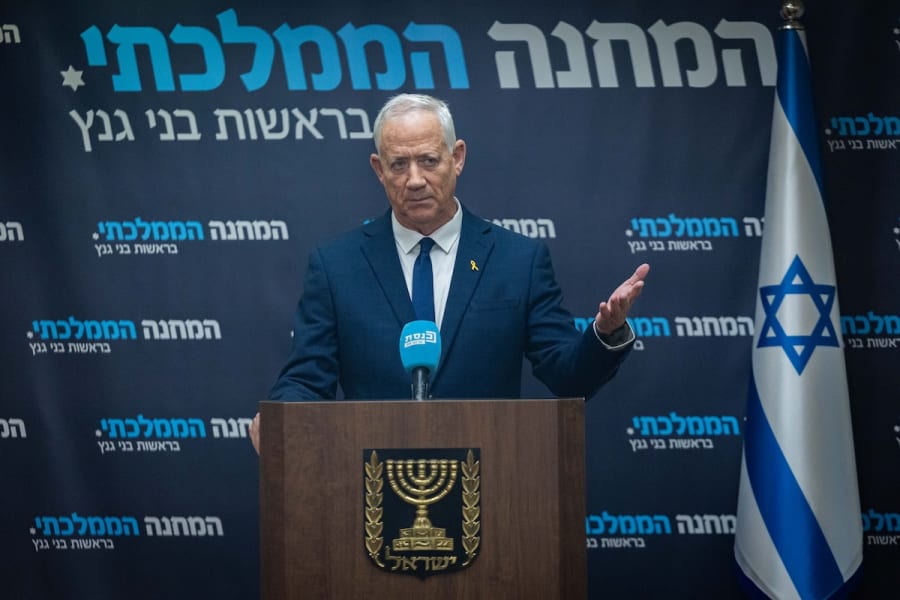 Leader of the National Unity Party MK Benny Gantz leads a faction meeting at the Knesset in Jerusalem, May 12, 2025. (Photo: Yonatan Sindel/Flash90)