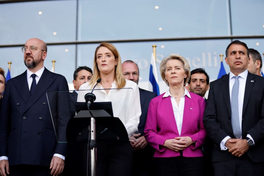 European Parliament President Roberta Metsola, European Commission President Ursula von der Leyen, European Council President Charles Michel and Head of the Mission of Israel to the EU and NATO Ambassador Haim Regev attend a solemn moment to remember the people killed in Israel, during the ongoing conflict with Hamas, at the European Parliament, in Brussels, Belgium, October 11, 2023. (Photo: REUTERS/Johanna Geron)