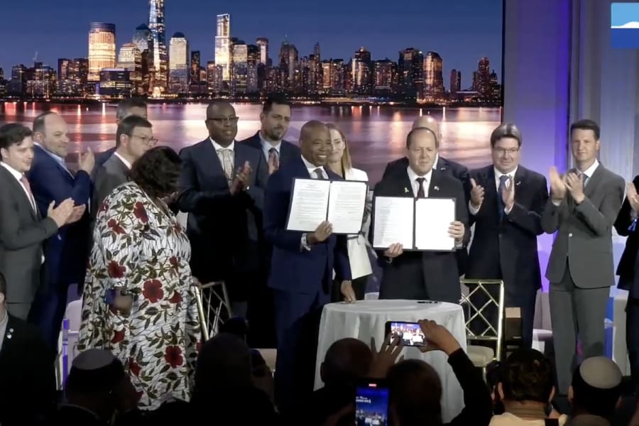 NYC Mayor Eric Adams and Israeli Economy and Industry Minister Nir Barkat signed the non-binding declaration of intent, May 19, 2025. (Photo: Screenshot)