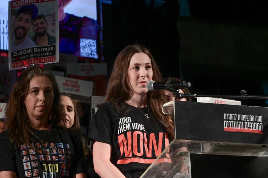 Former hostage Naama Levy speaks during a rally calling for the release of Israelis held hostage by Hamas terrorists in Gaza, at "Hostage Square" in Tel Aviv, May 24, 2025. (Photo: Avshalom Sassoni/Flash90)