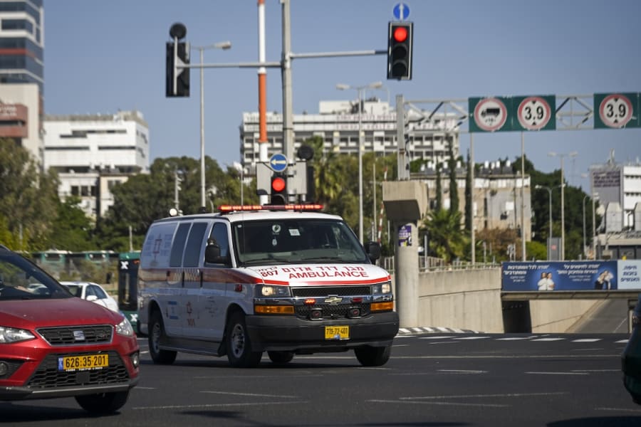 A Magen David Adom ambulance drives through the streets of Haifa, northern Israel, October 23, 2024. (Photo: Michael Giladi/Flash90)