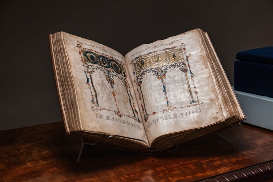 The Shem Tov Bible, a medieval manuscript of the Hebrew Bible copied in 14th-century Spain. It is known for its beautifully structured biblical text and marginal commentary. (Photo courtesy of Sotheby’s)