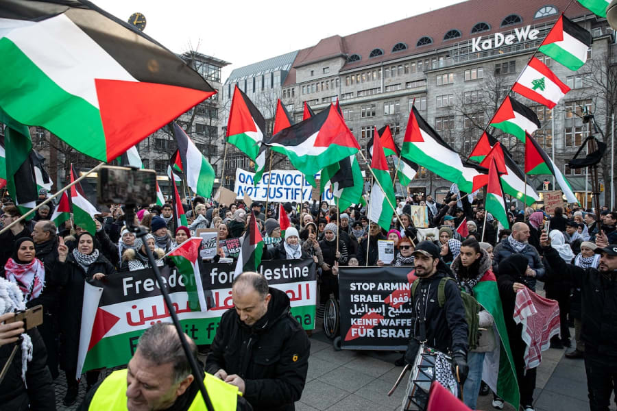 A pro-Palestinian protest at Wittenbergplatz in Berlin, February 8, 2025. (Photo: Michael Kuenne/PRESSCOV/Sipa USA via Reuters)