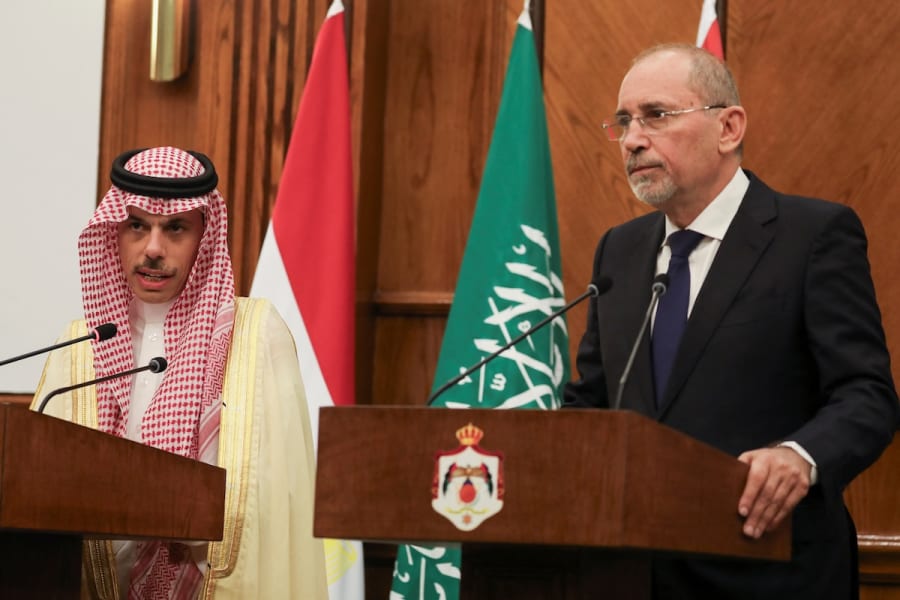 Jordanian Foreign Minister Ayman Safadi and Saudi Arabia's Foreign Minister Prince Faisal bin Farhan Al Saud attend a press conference as members of the Ministerial Committee Assigned by the Joint Extraordinary Arab-Islamic Summit on Gaza meet, in Amman, Jordan, June 1, 2025. (Photo: REUTERS/Alaa Al Sukhni)