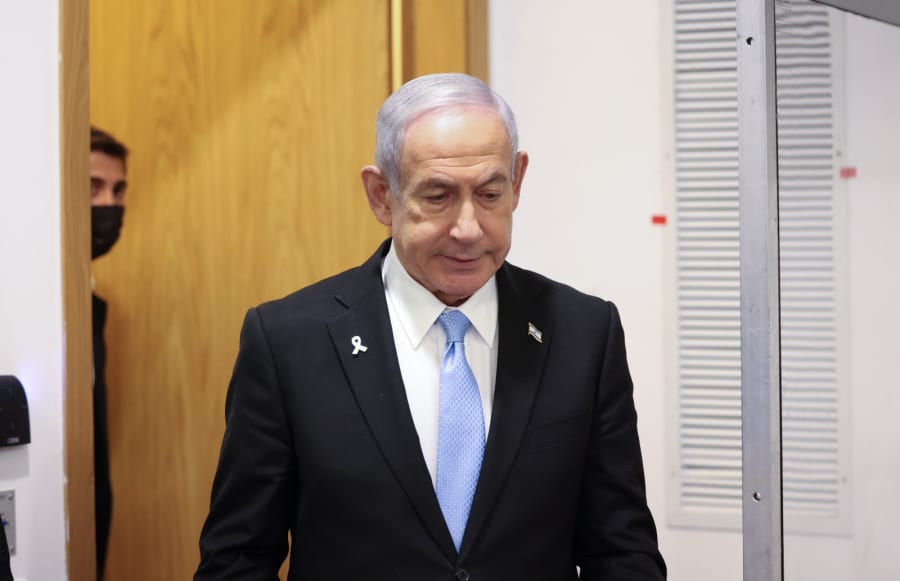 Israeli Prime Minister Benjamin Netanyahu arrives to the courtroom at the Distrcit court in Tel Aviv, before the start of his testimony in the trial against him, June 4, 2025. Photo by Moti Milrod