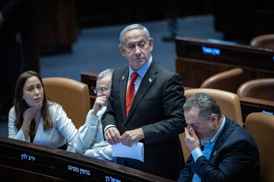 Israeli Prime Minister Benjamin Netanyahu, ministers and MK's attend a 40 signatures debate, at the Knesset plenum hall in Jerusalem, May 28, 2025. (Photo: Yonatan Sindel/Flash90)