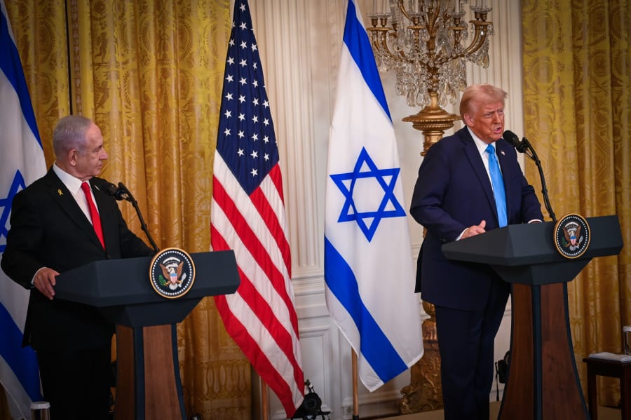 US President Donald Trump and Israeli prime Minister Benjamin Netanyahu holding a joint press conference at the White House in Washington D.C., February 4, 2025. (Photo: Liri Agami/Flash90)