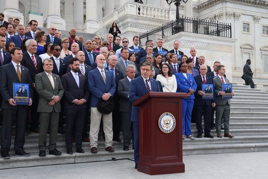 U.S. House Speaker Mike Johnson speaking at a bipartisan vigil in honor of the two Israeli embassy employees, Yaron Lischinsky and Sarah Milgrim, killed last month, June 10, 2025. (Photo: Mike Johnson/X)