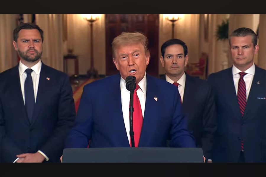 US President Donald Trump addresses the nation (along with JD Vance, Marco Rubio, and Pete Hegseth) following bombing of three Iranian nuclear sites, June 21, 2025. (Photo: Screenshot/Fox News)