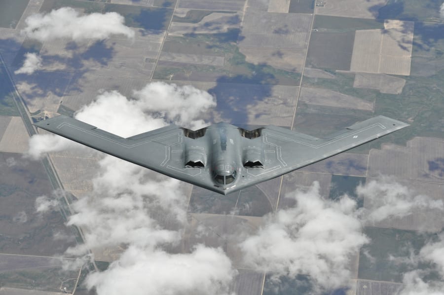 Handout photo dated May 9, 2012 of a B-2 Spirit bomber maintains a steady descent and departure after a successful mid-air refuel with a KC-135R Stratotanker while flying over Colorado. photo/Staff Sgt Jeremy M. Wilson via ABACAPRESS.COM