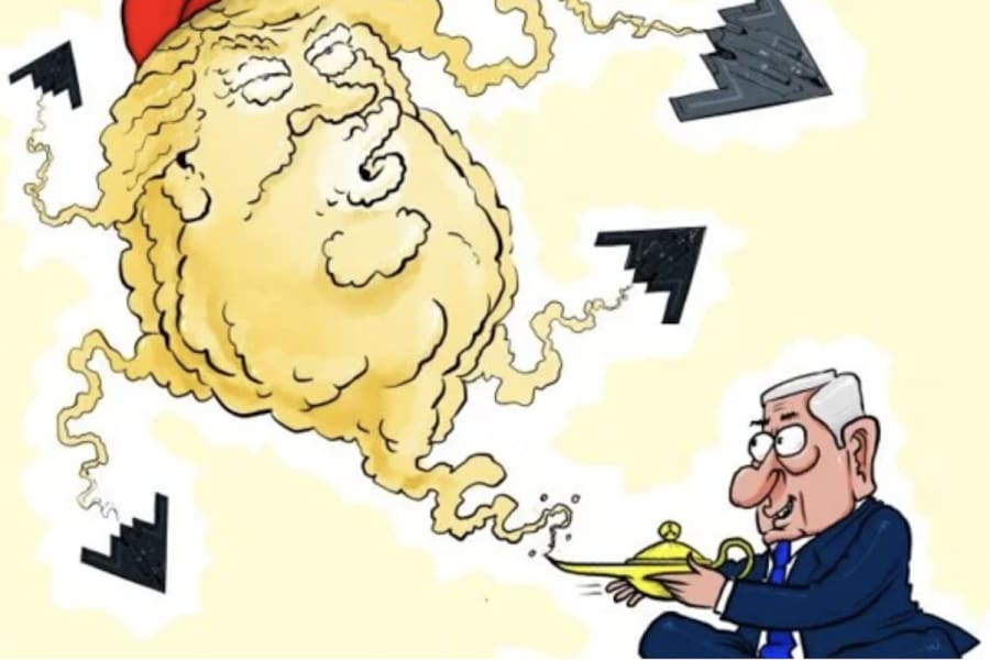 Netanyahou et Trump le génie (Caricature de Hamzeh Hajjaj)