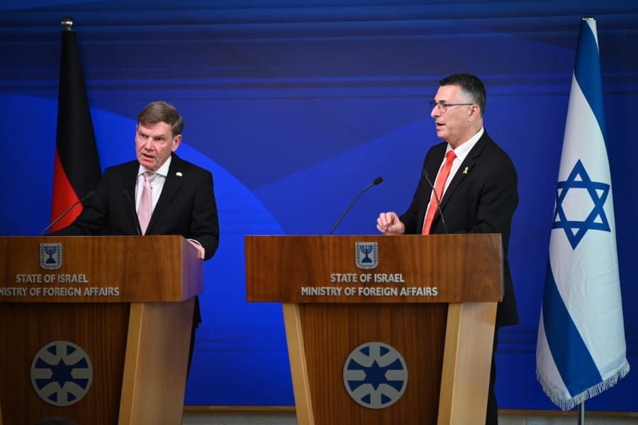 German Foreign Minister Johann Wadephul and Israeli Foreign Minister Gideon Sa'ar at a joint press conference, May 11, 2025. (Photo: GPO/Rafi Ben Hakun)
