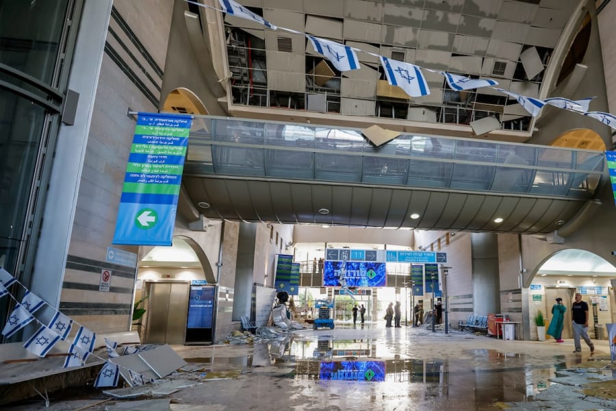 The scene where a ballistic missile fired from Iran hit and caused damage at the Soroka Medical Center in Beersheva, June 19, 2025. (Photo: Yair Tirosh/Flash90)