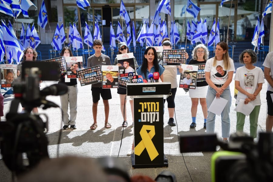 Families of Israelis held hostage in Gaza hold a press conference at Hostage Square in Tel Aviv on June 26, 2025. (Photo: Avshalom Sassoni/Flash90)