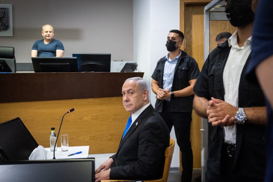 Israeli Prime Minister Benjamin Netanyahu arrives to the courtroom at the District court in Tel Aviv, before the start of his testimony in the trial against him, June 3, 2025. (Photo: Chaim Goldberg/Flash90)