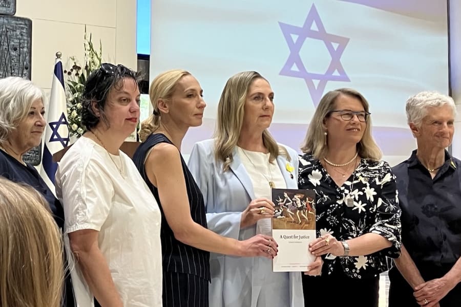 Members of the Dinah Project present their new report to Israel's First Lady Michal Herzog, July 8, 2025 (Photo: ALL ISRAEL NEWS)