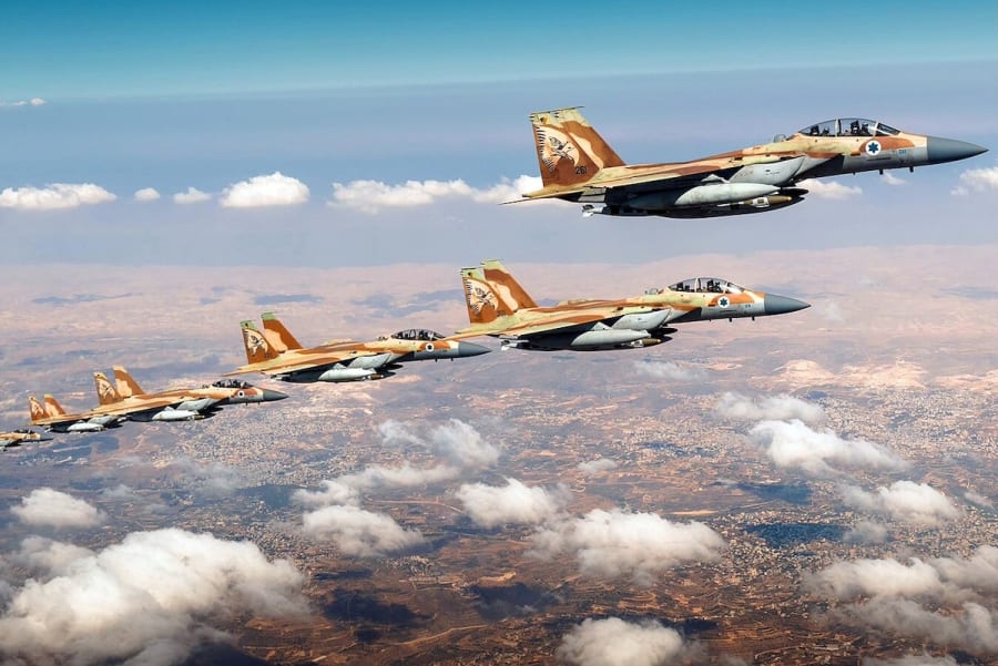 Israeli Air Force F-15I Ra'am strike fighter jets of 69 Squadron "Hammers" at Hatzerim Airbase high above Israel on their way to attack Iran in mid June 2025. (Photo: IDF)