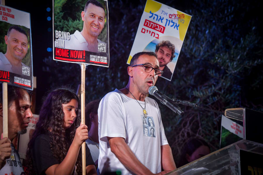 Former hostage Eli Sharabi speaks during a rally calling for the release of Israelis held hostage by Hamas terrorists in Gaza, at "Hostage Square" in Tel Aviv, July 12, 2025. Photo by Avshalom Sassoni/Flash90