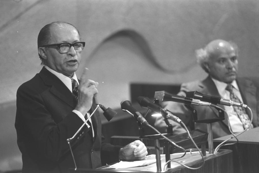 Likud leader Menahem Begin addresses the Knesset, 1974 (Photo: Wikimedia Commons)