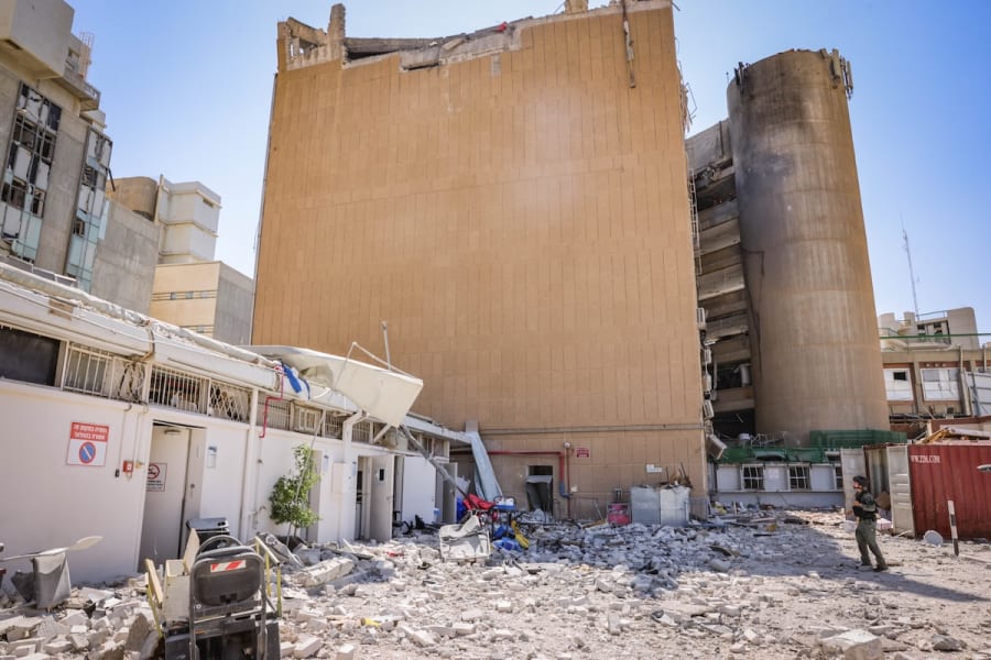 The scene where a ballistic missile fired from Iran hit and caused damage at the Soroka Medical Center in Be'er Sheva, June 19, 2025. (Photo: Marc Israel Sellem/POOL)
