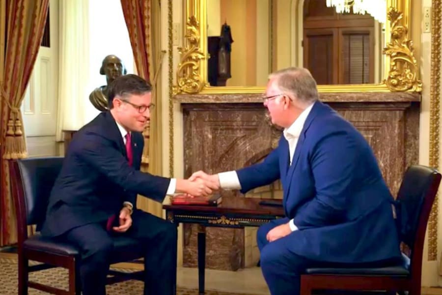 Joel C. Rosenberg, Editor-in-Chief of All Israel News, meets with U.S. Speaker of the House Mike Johnson during an interview for TBN in Washington, July 2025. (Photo: Courtesy)