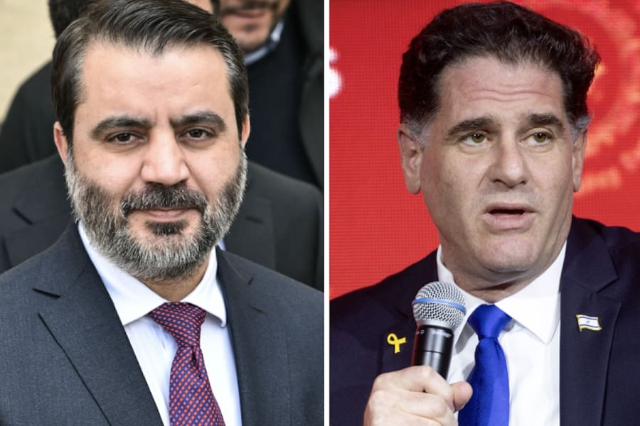 Syria's Foreign Minister Asaad Hassan al-Shaibani, Israeli Strategic Affairs Minister Ron Dermer (Photo: Abdullah Firas/ABACA via Reuters, Chaim Goldberg/Flash90)