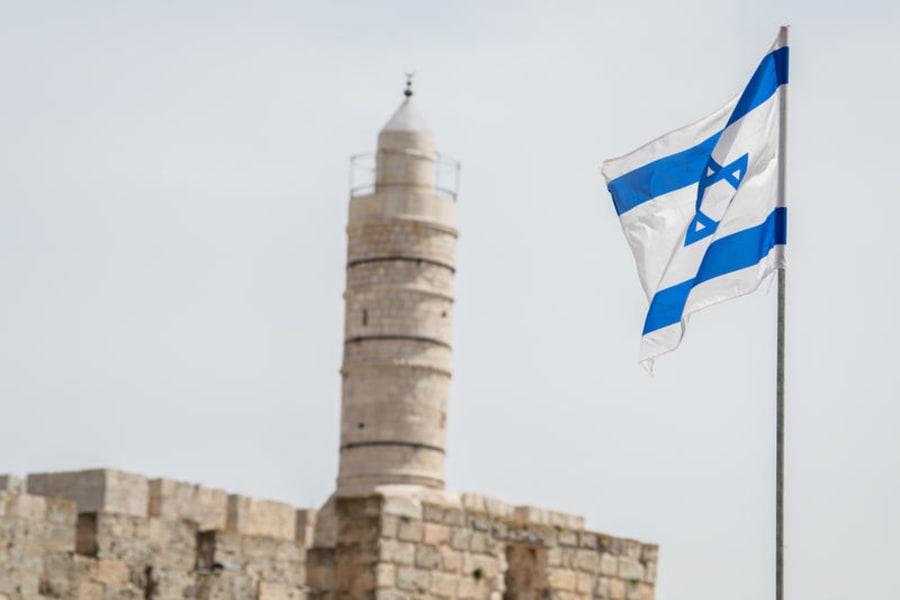 The Israeli flag is hung all over city centre Jerusalem, ahead of Israel's Independence Day, April 23, 2023. (Photo: Arie Leib Abrams/Flash90