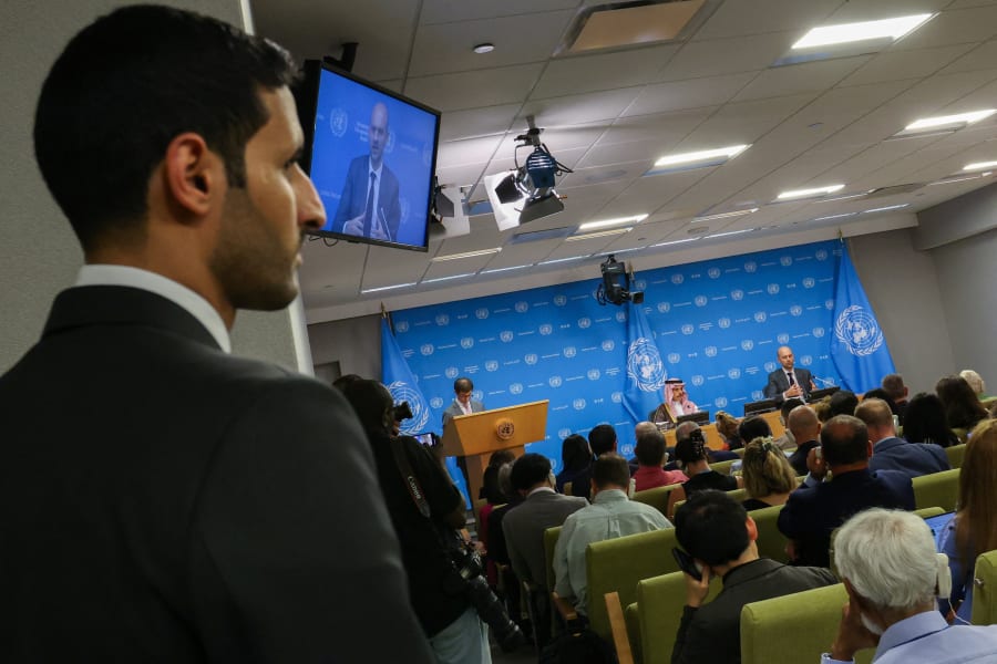 Saudi Foreign Minister Faisal bin Farhan Al-Saud and French Foreign Minister Jean-Noel Barrot, co-chairs of a United Nations high-level international conference hosted by France and Saudi Arabia, hold a press briefing at U.N. headquarters in New York City, July 28, 2025. (Photo: REUTERS/Kylie Cooper)