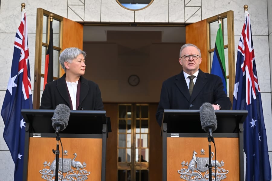 Minister for Foreign Affairs Penny Wong and Prime Minister Anthony Albanese at a press conference at Parliament House in Canberra, Monday, August 11, 2025. (Photo: AAP Image/Mick Tsikas)