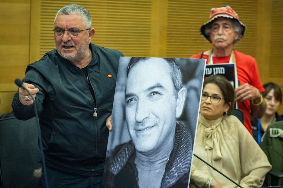 Danny Elgarat, the brother of slain hostage Itzik Elgarat, speaks during National Security committee meeting at the Knesset, March 10, 2025. (Photo: Yonatan Sindel/Flash90)