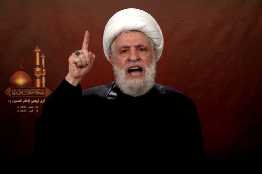 Lebanon's Hezbollah chief Naim Qassem gives a televised speech from an unknown location in this screengrab obtained from video released on August 15, 2025. (Photo: Al Manar TV/REUTERS TV/via REUTERS)