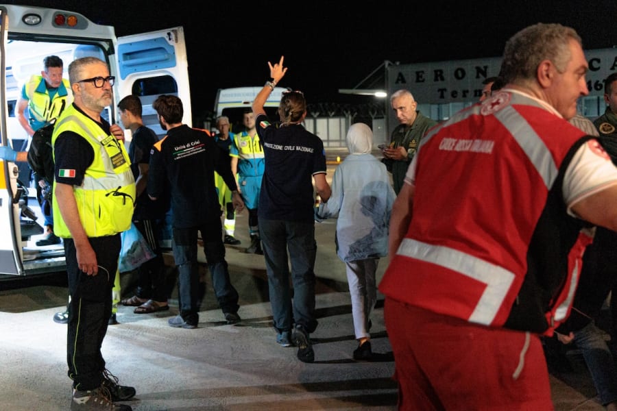 Italian Air Force's 46th Air Brigade lands at Pisa Airport carrying 12 Palestinian patients evacuated from the Gaza Strip, along with their accompanying family members, August 14, 2025. (Photo: Enrico Mattia Del Punta/NurPhoto)