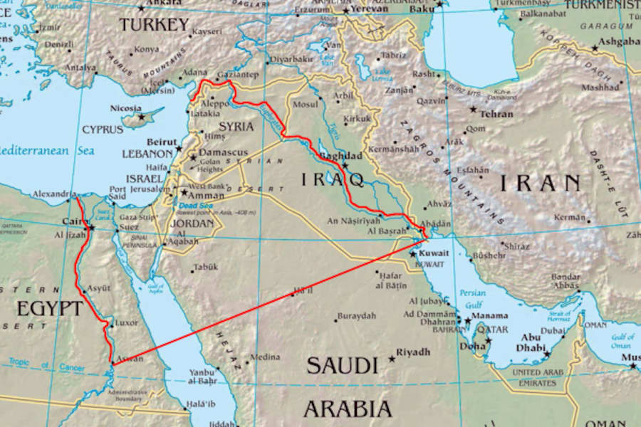 La ligne rouge marque l'interprétation la plus large des frontières de la terre promise par Dieu à Abraham et à ses descendants. D'autres interprétations affirment que les frontières sont plus étroites et que la taille de la terre est plus modeste. (Image : Wikipedia)