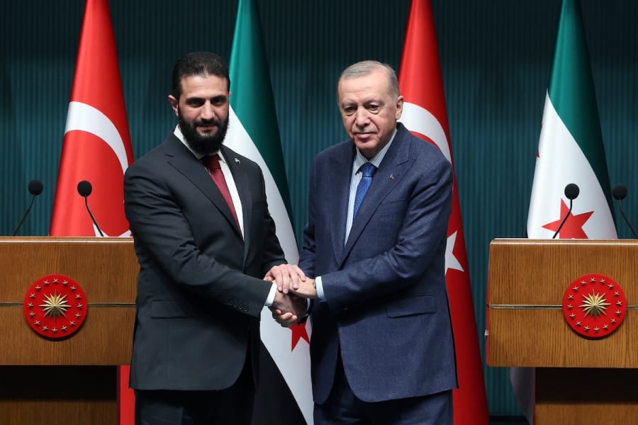 Turkish President Recep Tayyip Erdogan holds a joint press conference with Syria interim President Ahmed al-Sharaa in Ankara on Febuary 4, 2025. (Photo: Turkish presidential press service via EYEPRESS)