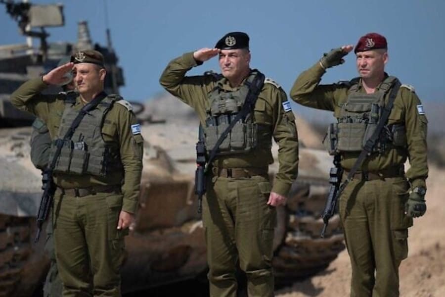 Incoming Southern Command chief Maj. Gen. Yaniv Asor (left), IDF Chief of Staff Lt. Gen. Eyal Zamir (center), and outgoing Southern Command chief Maj. Gen. Yaron Finkelman during a handover ceremony inside Gaza, March 12, 2025. (Photo: Israel Defense Forces)