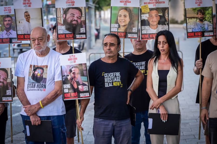 Families of Israelis held hostage in Gaza, former hostages and supporters hold a press conference in Tel Aviv, Aug. 23, 2025. (Photo: Avshalom Sassoni/Flash90)