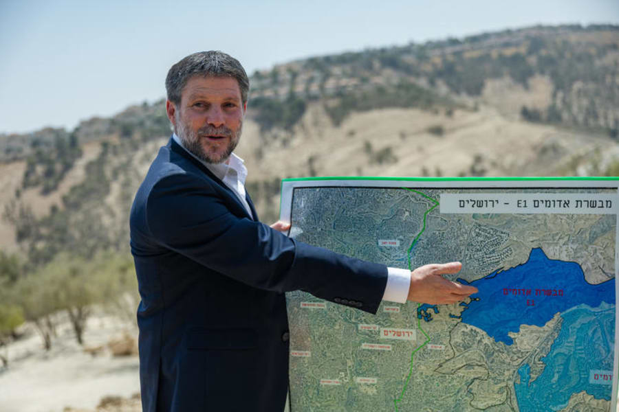 Israeli Finance Minister Bezalel Smotrich at a press conference announcing his plans to approve more than 3,000 housing units in the E1 settlement project between Jerusalem and Ma’ale Adumim, AUgust 14, 2025. (Photo: Yonatan Sindel/Flash90)