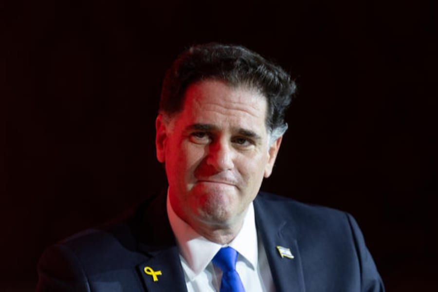 Head of the negotiations for hostages release Ron Dermer speaks at the Jewish News Syndicate conference in Jerusalem, April 28, 2025. (Photo: Chaim Goldberg/Flash90)